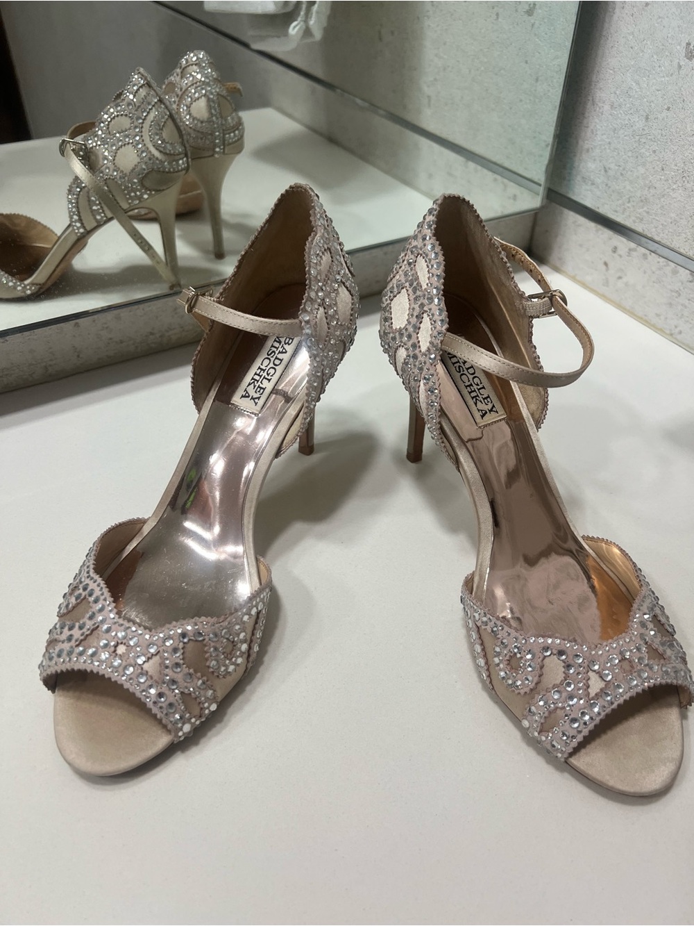 Badgley Mischka Nude Blush Crystal-Embellished Open-Toe Ankle-Strap Heels